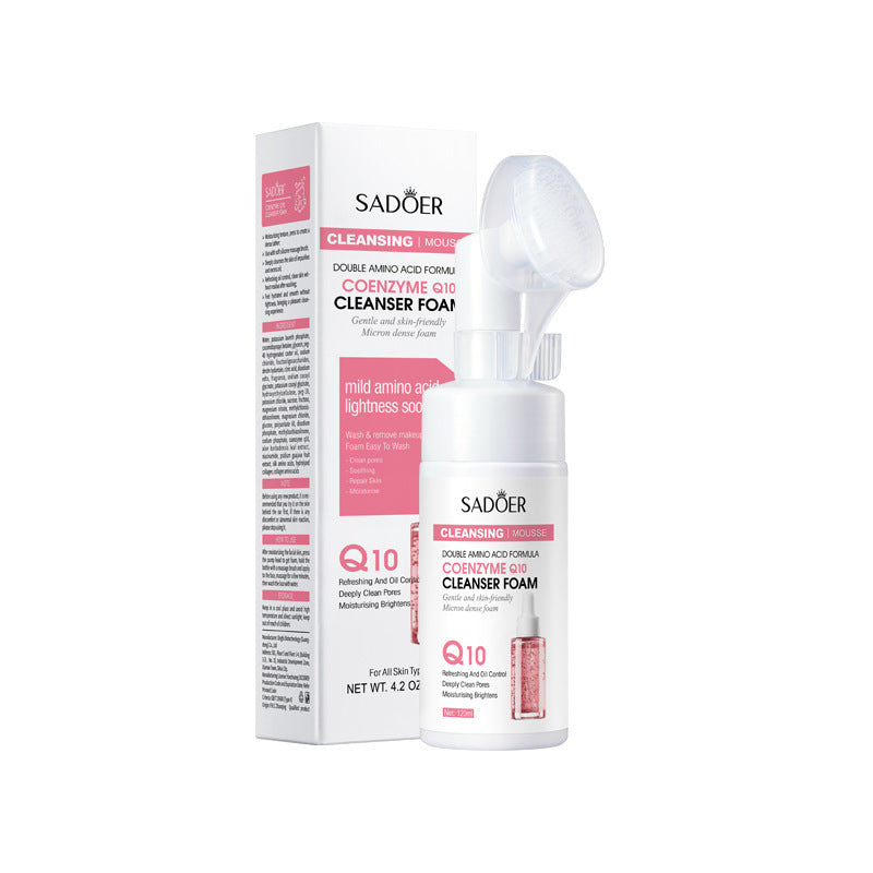 "Sadoer Coenzyme Q10 Amino Acid Cleanser Foam with Brush Applicator and Box Packaging"