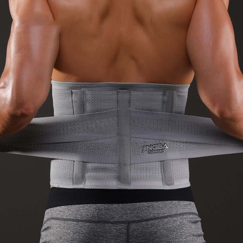 Person wearing a grey exercise waist protection belt for fitness made from polyester fiber suitable for various sports activities.