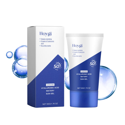 Hyaluronic Acid Watery Sun Gel SPF 50 with packaging, offering deep hydration and sun protection with vitamin E and C.