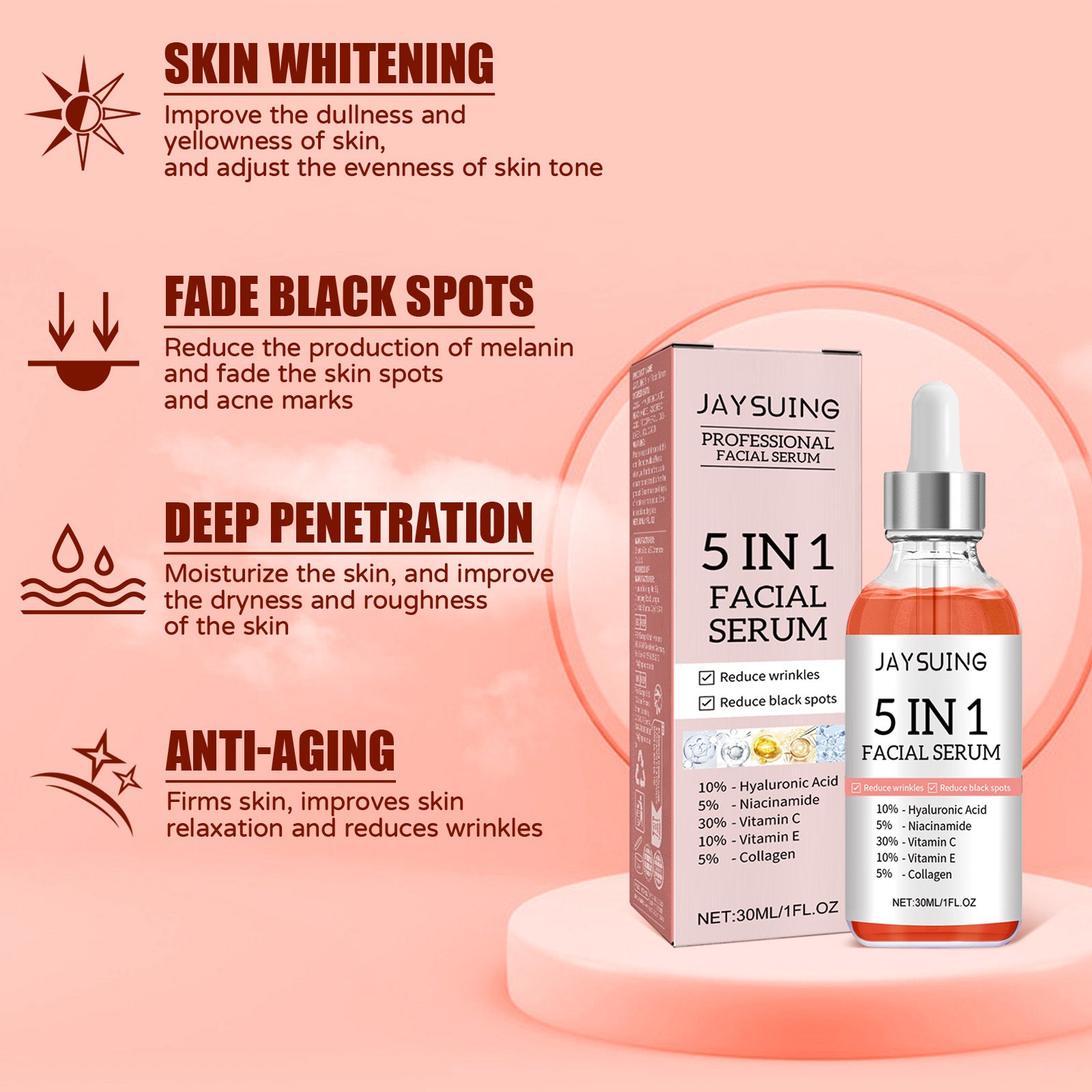 "JaySuing 5 In 1 Facial Serum promoting anti-aging, skin whitening, fading black spots, and deep skin penetration benefits"