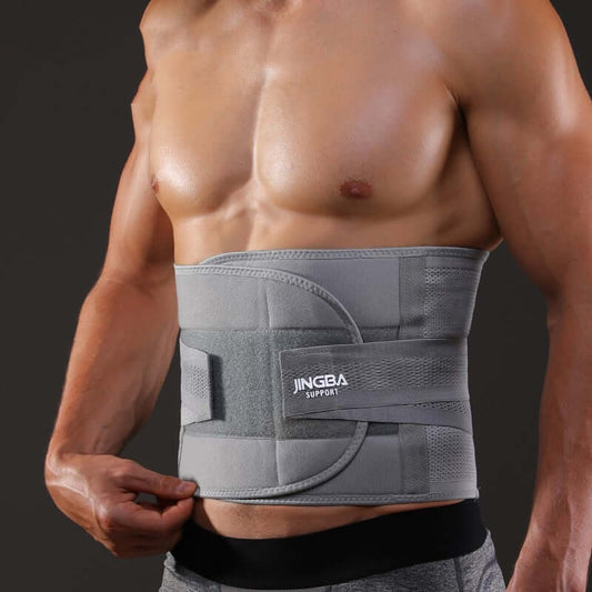Man wearing exercise waist protection fitness equipment made of polyester fiber for adults, suitable for running, fitness, and various sports activities.