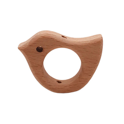 Natural beech wood baby teething toy in the shape of a small bird, perfect for biting and grinding teeth.