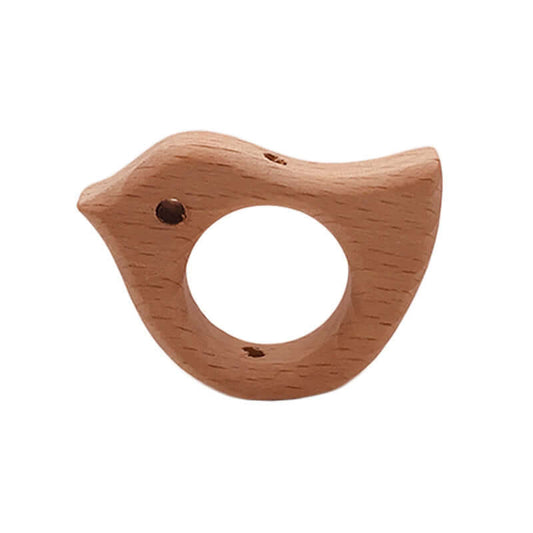 Natural beech wood baby teething toy in the shape of a small bird, perfect for biting and grinding teeth.