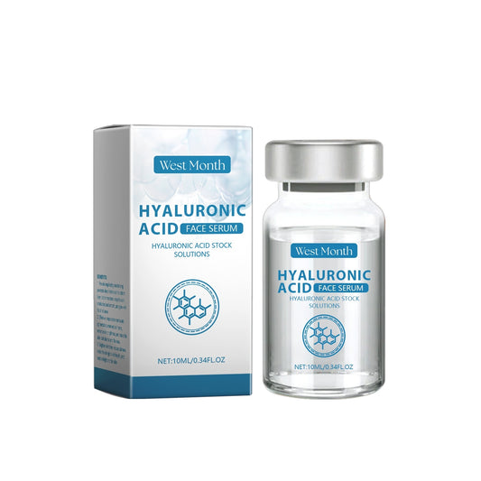Hyaluronic Acid Face Serum in glass bottle with packaging, featuring collagen, elastin, and aloe extract for skin hydration.