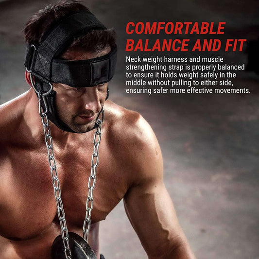 Man using neck strength exercise equipment with weight-bearing neck cap in a fitness setting, focusing on proper balance and fit