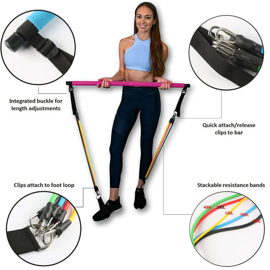 "Fitness yoga Pilates bar with portable gym accessories, including sport elastic bodybuilding resistance bands for home training and versatile workout routines."