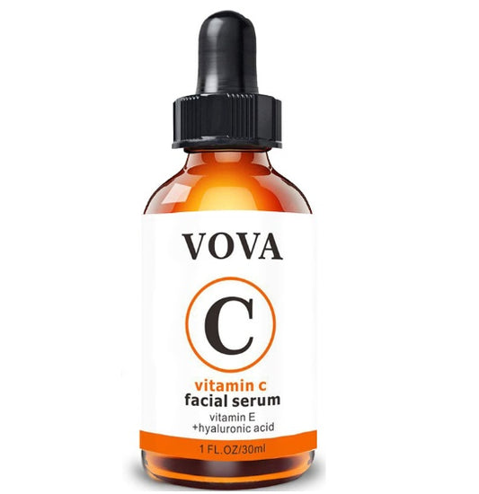 Vitamin C serum bottle with dropper, 30ml, featuring vitamin E and hyaluronic acid on a white background.