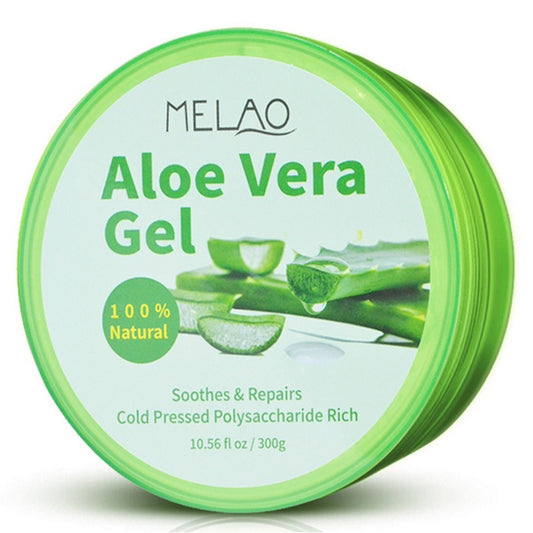 MELAO Aloe Vera Gel 300g jar, 100% natural, soothes and repairs, cold pressed polysaccharide-rich formula.