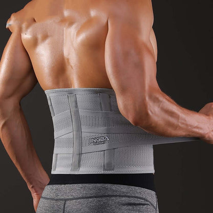 Man wearing exercise waist protection fitness equipment made of polyester fiber during workout.