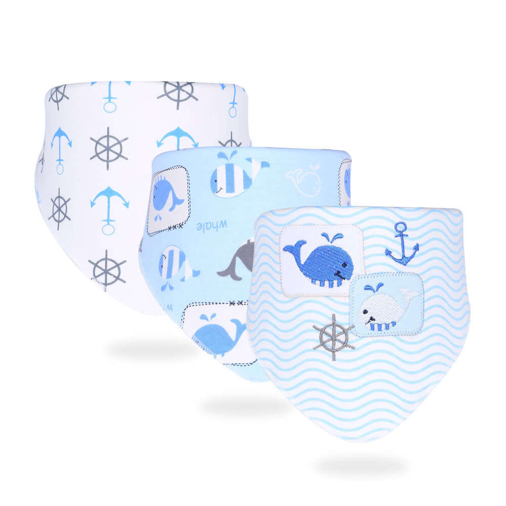 Simple printed baby products cotton saliva towels with blue and white nautical-themed patterns in three different designs.