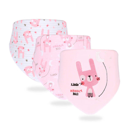Simple printed baby cotton saliva towels, bunny design, pack of 3, anti-fouling, for babies and toddlers aged 0-3 years old, pink color.