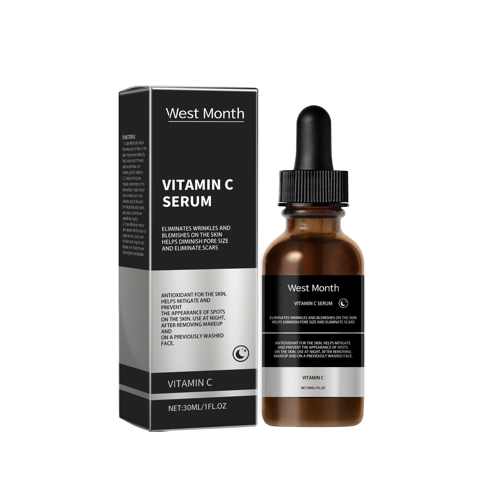 Vitamin C Serum bottle and packaging, featuring glycerin and vitamins E and C, size 30ml, by West Month.
