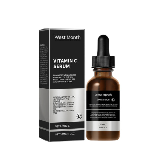 Vitamin C Serum bottle and packaging, featuring glycerin and vitamins E and C, size 30ml, by West Month.