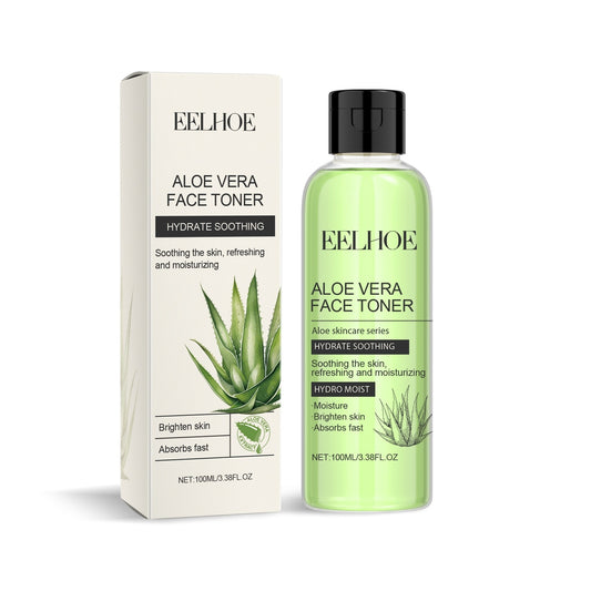 Aloe Vera Face Toner by Eelhoe, hydrate and soothe with moisturizing formula, featuring aloe leaf design on box and bottle, 100ml.