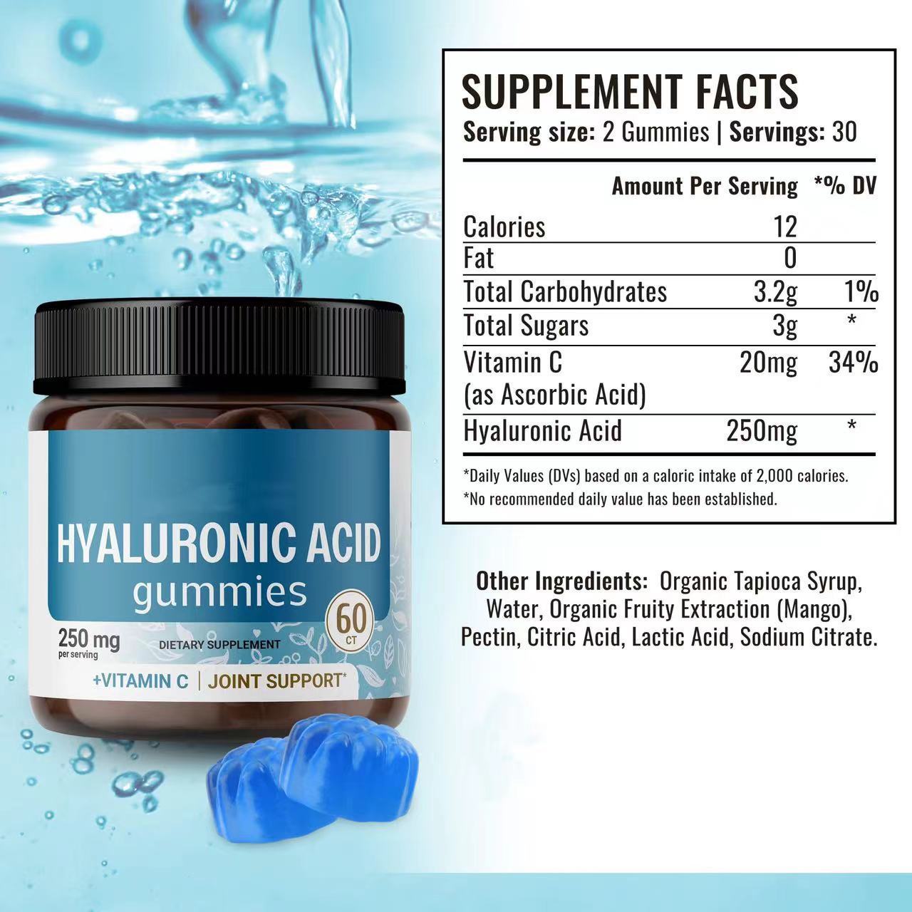 Hyaluronic Acid Gummies bottle with supplement facts, including 250mg hyaluronic acid per serving, and Vitamin C for joint support.