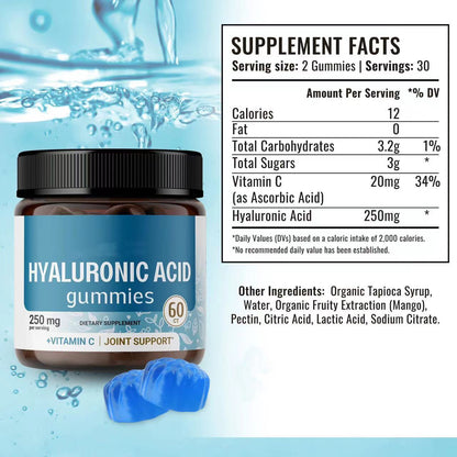 Hyaluronic Acid Gummies bottle with supplement facts, including 250mg hyaluronic acid per serving, and Vitamin C for joint support.