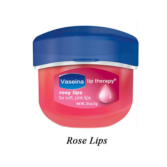 Lip balm jar labeled "Vaseina lip therapy, rosy lips" for soft, pink lips.