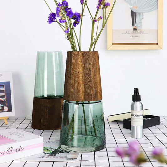 Wooden Barrel Transparent Glass Vase for Living Room - Ideal for Dried Flowers, Flower Arrangements, and Desktop Floral Decorations