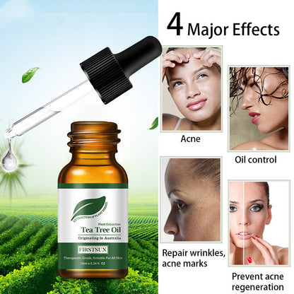 Firstsun Tea Tree Essential Oil for acne, oil control, wrinkle repair, and acne mark prevention with dropper bottle and effects illustration.