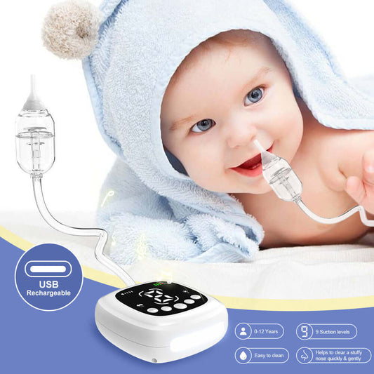 Baby using electric nasal aspirator in blue towel, USB rechargeable, plastic material, catheter type, white color, cleaning nasal cavity