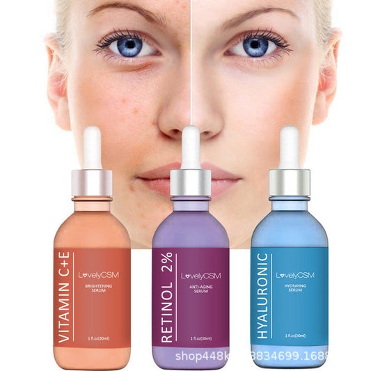 Firming Hyaluronic Acid Retinol Vitamin C Skin Care Serum for moisturizing and softening skin, 30ml bottles with dropper tops.