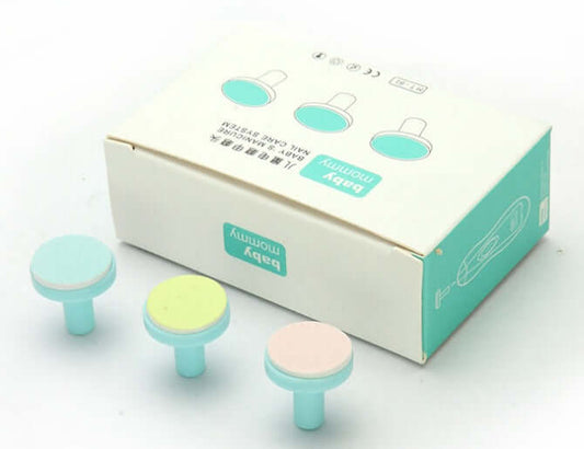 Electric baby nail sharpener replacement heads with abrasive discs for infant nail care, shown with packaging.