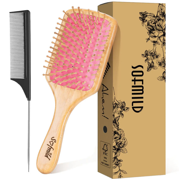 Sofmild Hair Brush-Natural Wooden Bamboo Brush-Eco Friendly Detangle Paddle Hairbrush for Women Men and Kids Massage Scalp Increase Hair Growth Rose