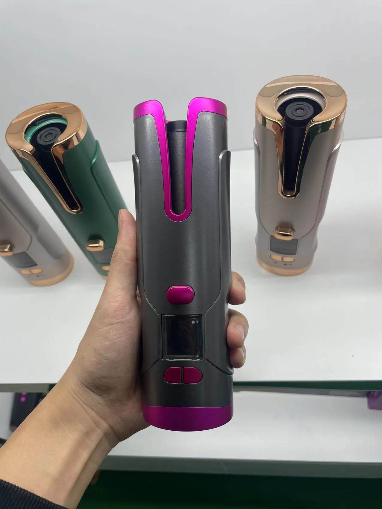"Rechargeable Automatic Hair Curler - Portable Ceramic Curling Iron with LCD Display and Rotating Function for Waves and Curls"