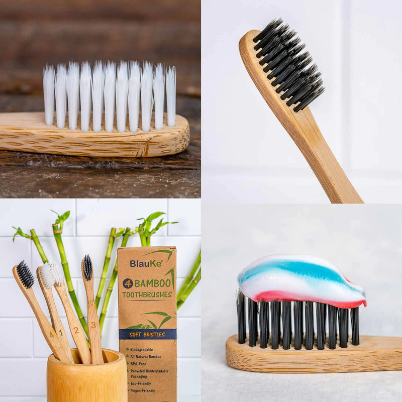 Bamboo Toothbrush Set 4-Pack - Bamboo Toothbrushes with Soft Bristles for Adults - Eco-Friendly, Biodegradable, Natural Wooden Toothbrushes