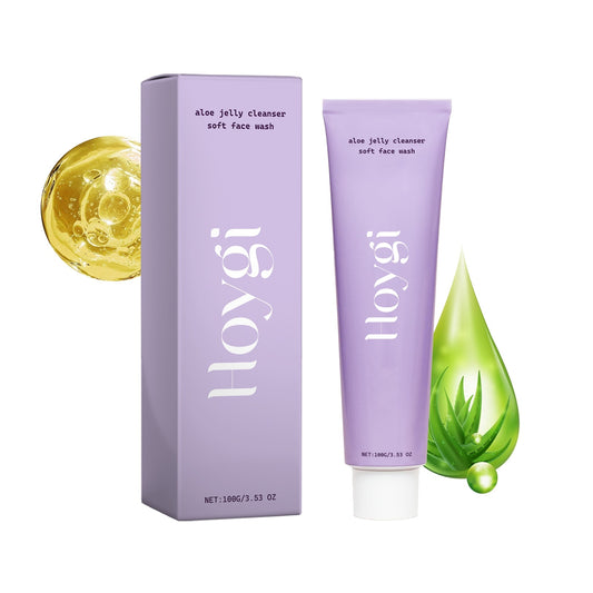 Aloe jelly cleanser and packaging with aloe vera extract illustration.