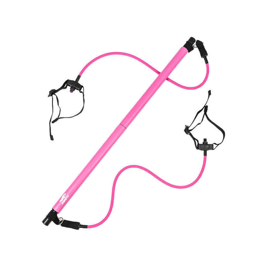 Pink Pilates fitness bar with elastic ropes for comprehensive exercise, suitable for women, 92.5cm length, 32mm diameter, for home workouts.