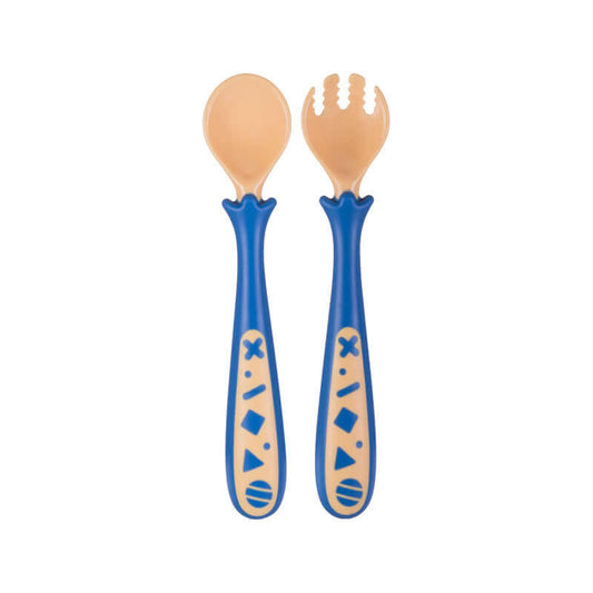 Blue and beige baby fork and spoon set with ergonomic handles for learning to eat, made of PP+TPE+304 stainless steel for ages 3 months and up.
