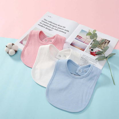 "Baby cotton bib with hidden buckle, available in solid colors and multiple options, designed to keep baby’s clothes clean and comfortable."