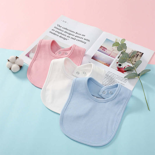 "Baby cotton bib with hidden buckle, available in solid colors and multiple options, designed to keep baby’s clothes clean and comfortable."