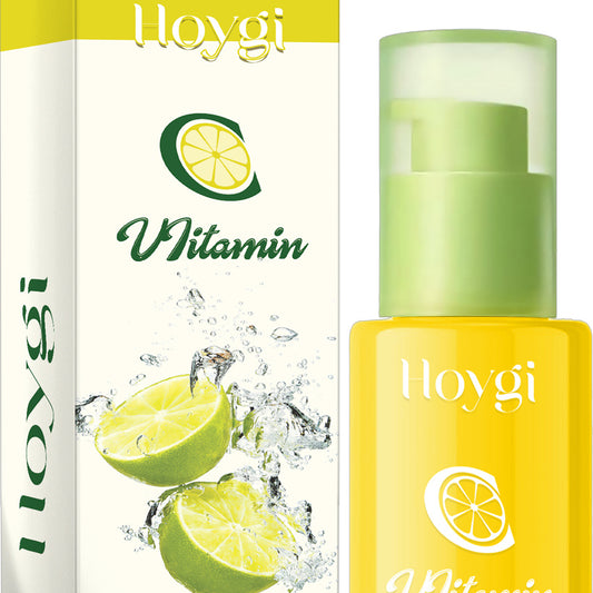 Hoygi Vitamin C Dark Spot Serum with citrus extract and hydrating formula in a yellow PET bottle and packaging box.