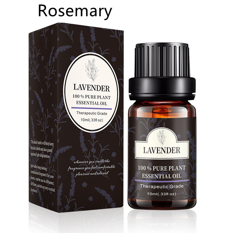 Lavender essential oil bottle with packaging, labeled therapeutic grade 100% pure plant, 10ml size, against a white background.