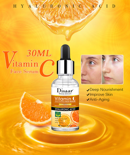 Hyaluronic Acid Vitamin C Face Serum bottle, highlighted benefits of deep nourishment, improved skin, and anti-aging effects.