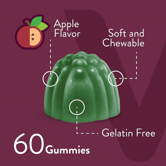Aloe Vera Gummies, apple flavor, soft and chewy, gelatin-free, pack of 60. Perfect for a healthy, convenient snack.