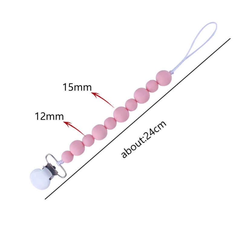 Pink silicone baby pacifier clip chain, 24cm long, features beads of 12mm and 15mm, designed to prevent pacifiers from falling.