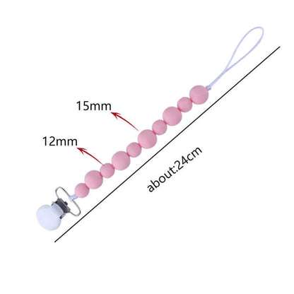 Pink silicone baby pacifier clip chain, 24cm long, features beads of 12mm and 15mm, designed to prevent pacifiers from falling.