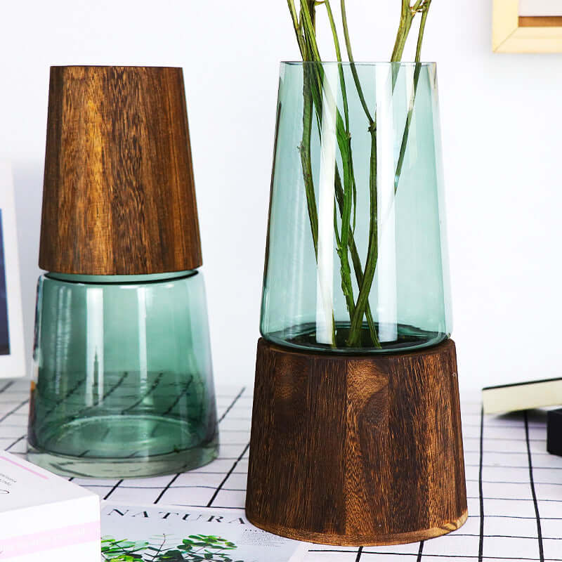 Wooden Barrel Transparent Glass Vase for Living Room - Ideal for Dried Flowers, Flower Arrangements, and Desktop Floral Decorations