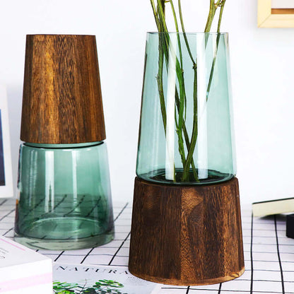Wooden Barrel Transparent Glass Vase for Living Room - Ideal for Dried Flowers, Flower Arrangements, and Desktop Floral Decorations