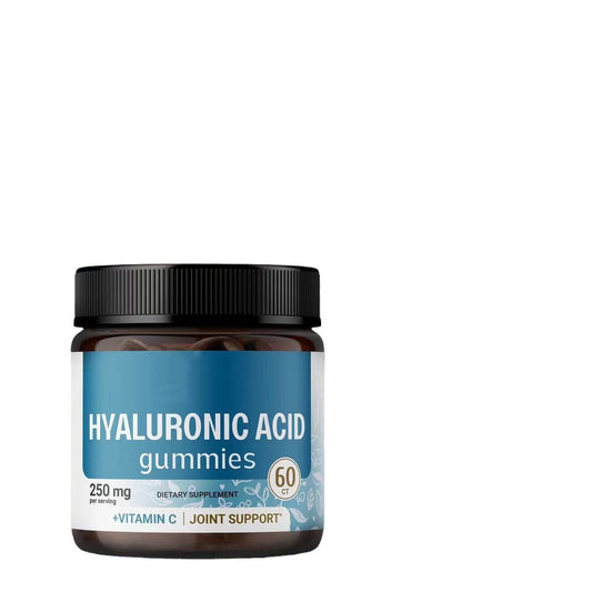 Hyaluronic Acid Gummies 60 count jar, dietary supplement with vitamin C for joint support, 250 mg, on white background.