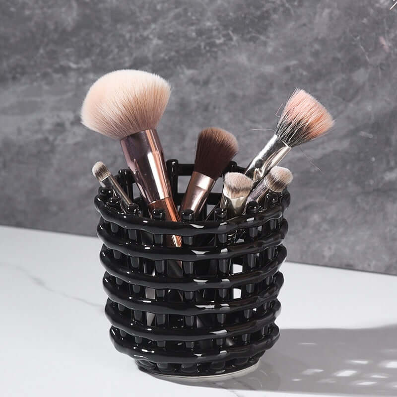 Hand-Woven Ceramic Storage Basket – Elegant Makeup Pen Container for Organized Beauty Essentials