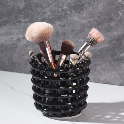 Hand-Woven Ceramic Storage Basket – Elegant Makeup Pen Container for Organized Beauty Essentials