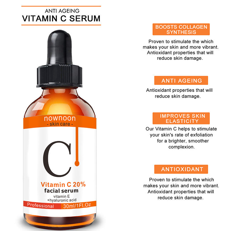 Vitamin C Facial Serum 30ml bottle with benefits including boosting collagen, anti-aging, and improving skin elasticity for vibrant skin.