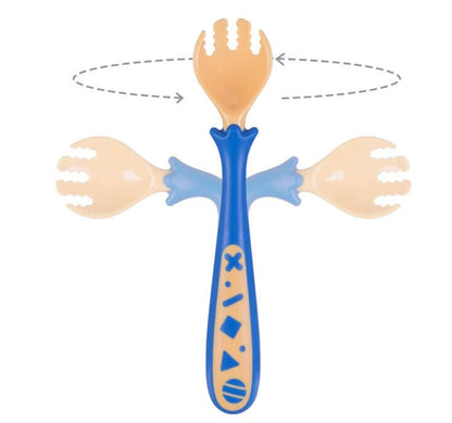 Baby learning spoon fork with rotating blue handle, ideal baby product for teaching self-feeding, made of PP, TPE, and stainless steel.