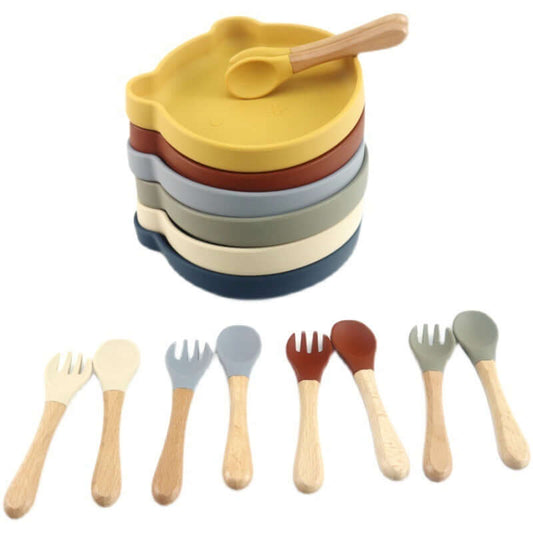"Bear Silicone Tableware Set with Food Supplement Spork for Babies"