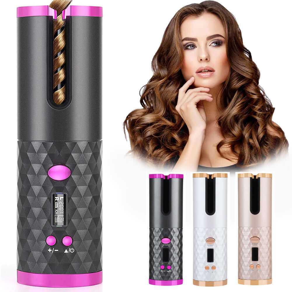 "Rechargeable Automatic Hair Curler - Portable Ceramic Curling Iron with LCD Display and Rotating Function for Waves and Curls"