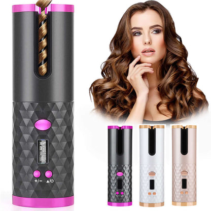 "Rechargeable Automatic Hair Curler - Portable Ceramic Curling Iron with LCD Display and Rotating Function for Waves and Curls"
